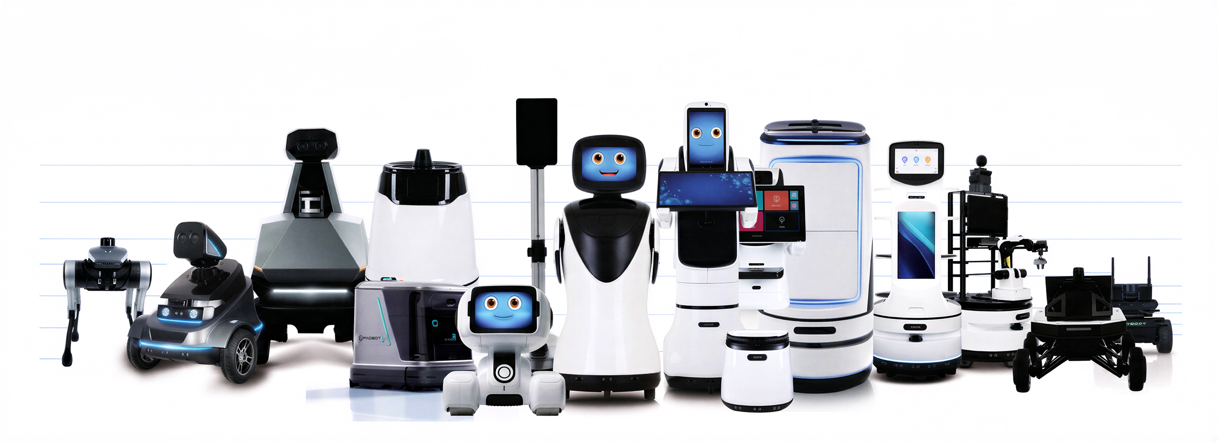 The full PadBot robot lineup — reception, delivery, cleaning & disinfection, security and education robots